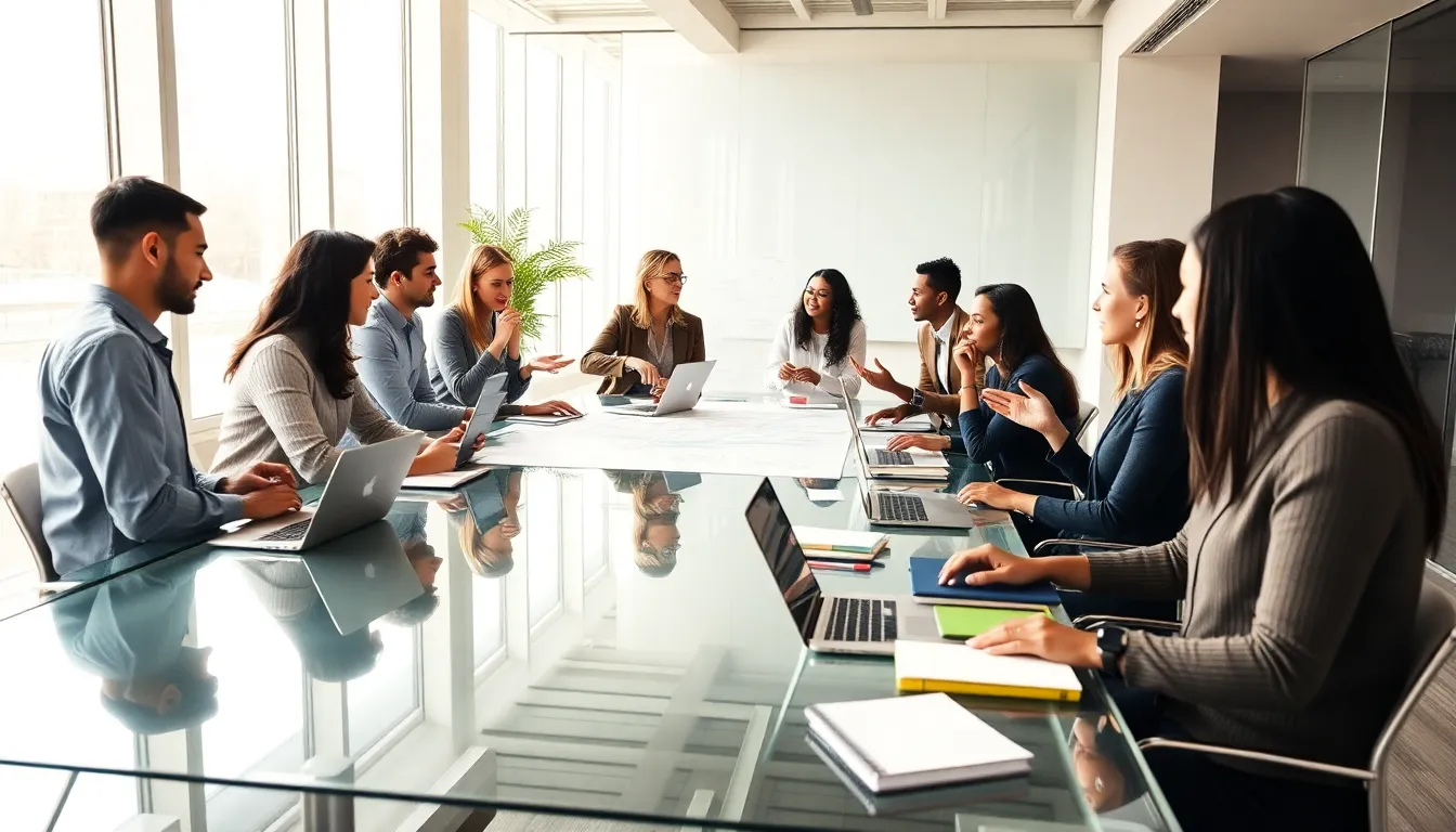 diverse team brainstorming in a modern office setting.