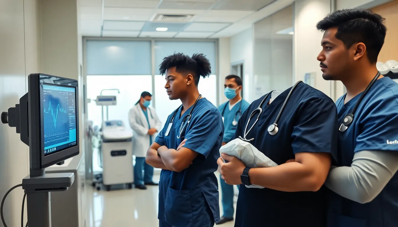 diverse ER technicians assisting in a busy emergency room.