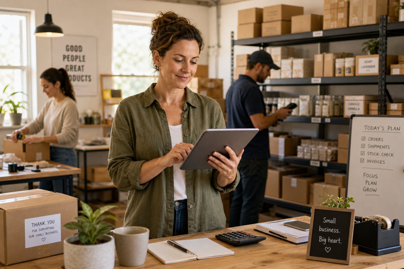 Small business owner managing finances on a tablet in an organized and active workspace.