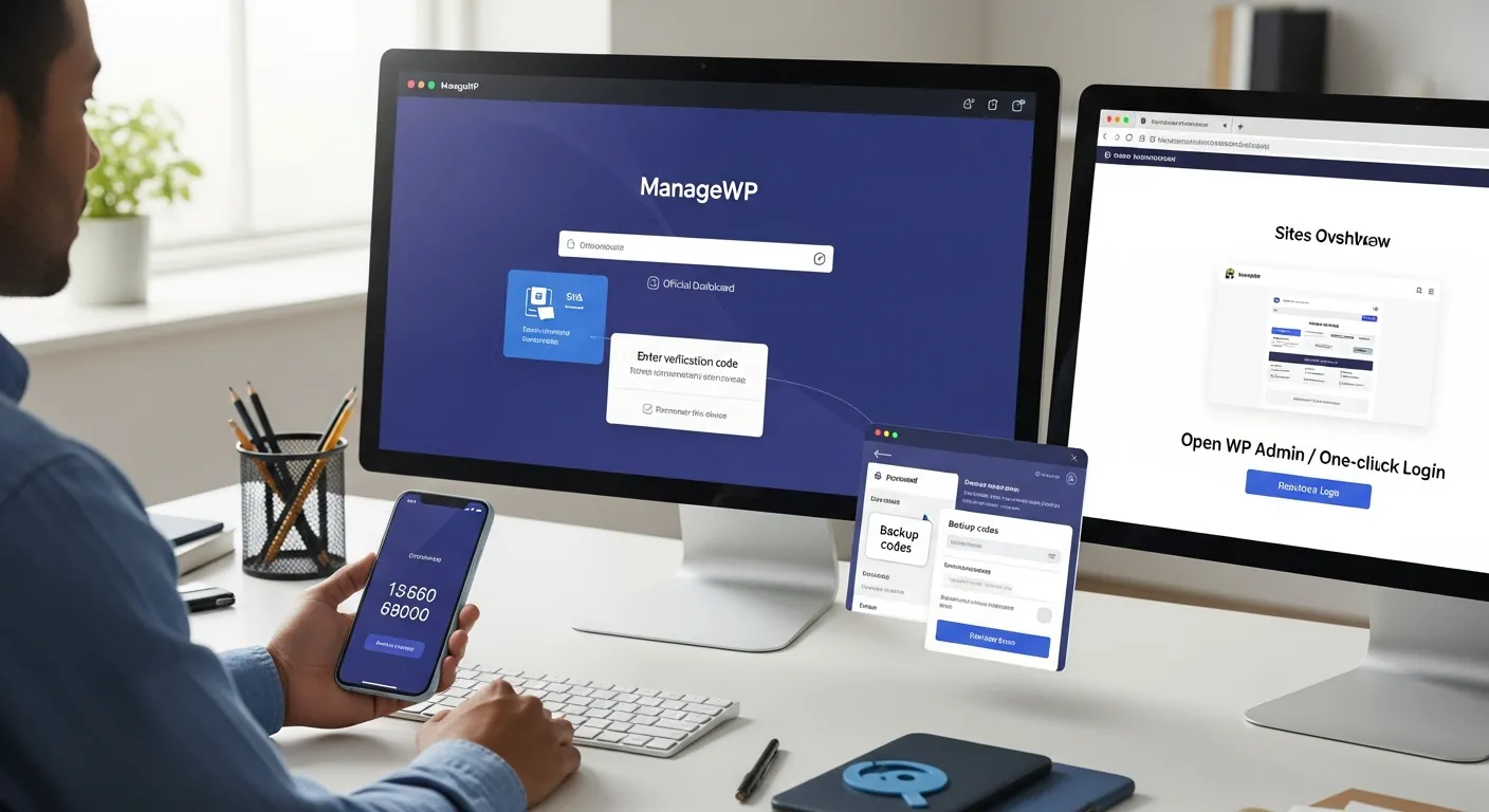Professional logging into ManageWP with 2FA and one-click admin access.