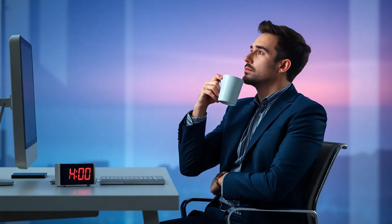 professional reflecting on sleep needs in a modern office setting.