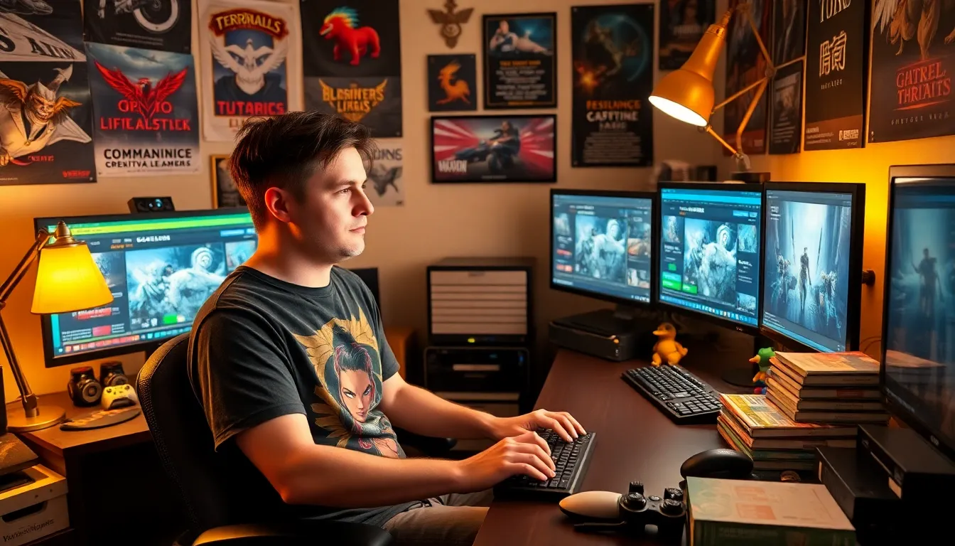 A gamer writing guides in a cozy, memorabilia-filled room.