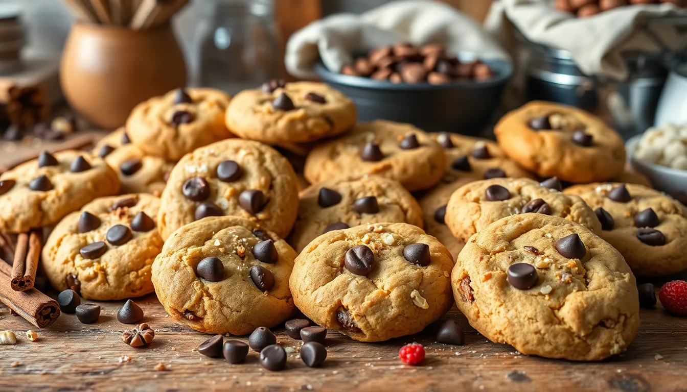 a variety of homemade bread cookies on a wooden table.