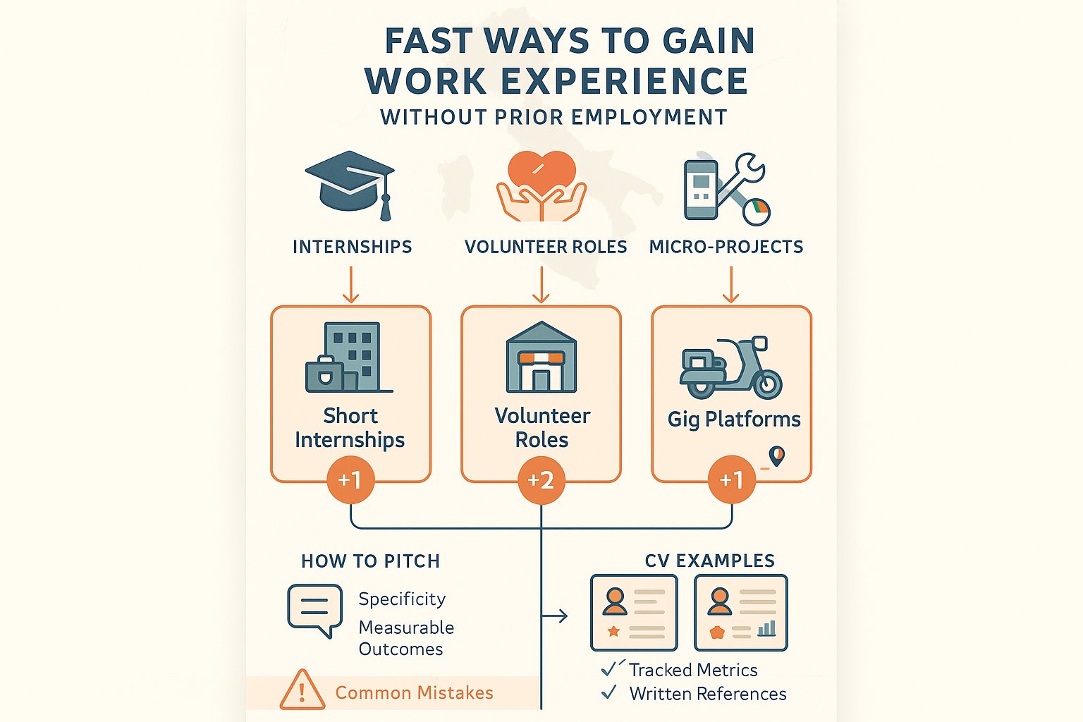 Infografica che mostra stage, volontariato e micro-progetti per acquisire esperienza in Italia.