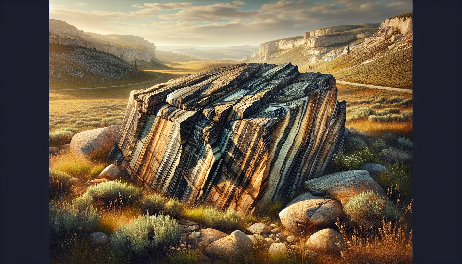 A weathered gneiss rock formation with banded layers in a scenic landscape.