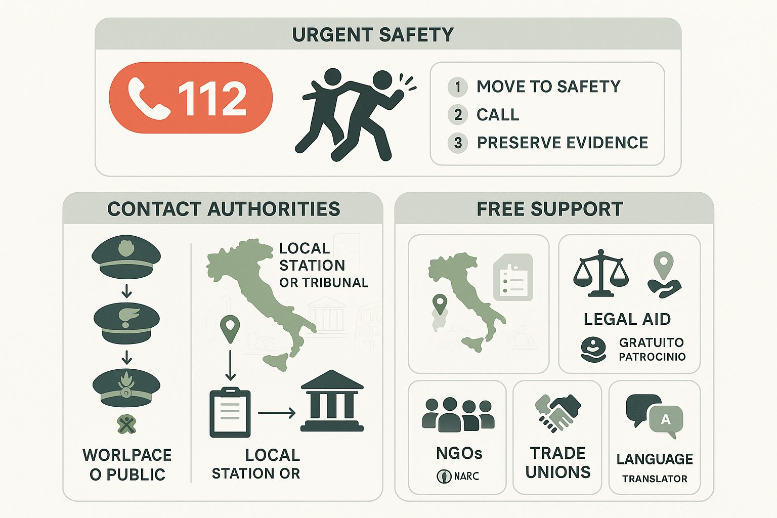 Infografica che mostra passi di emergenza, opzioni di denuncia e servizi di supporto in Italia.