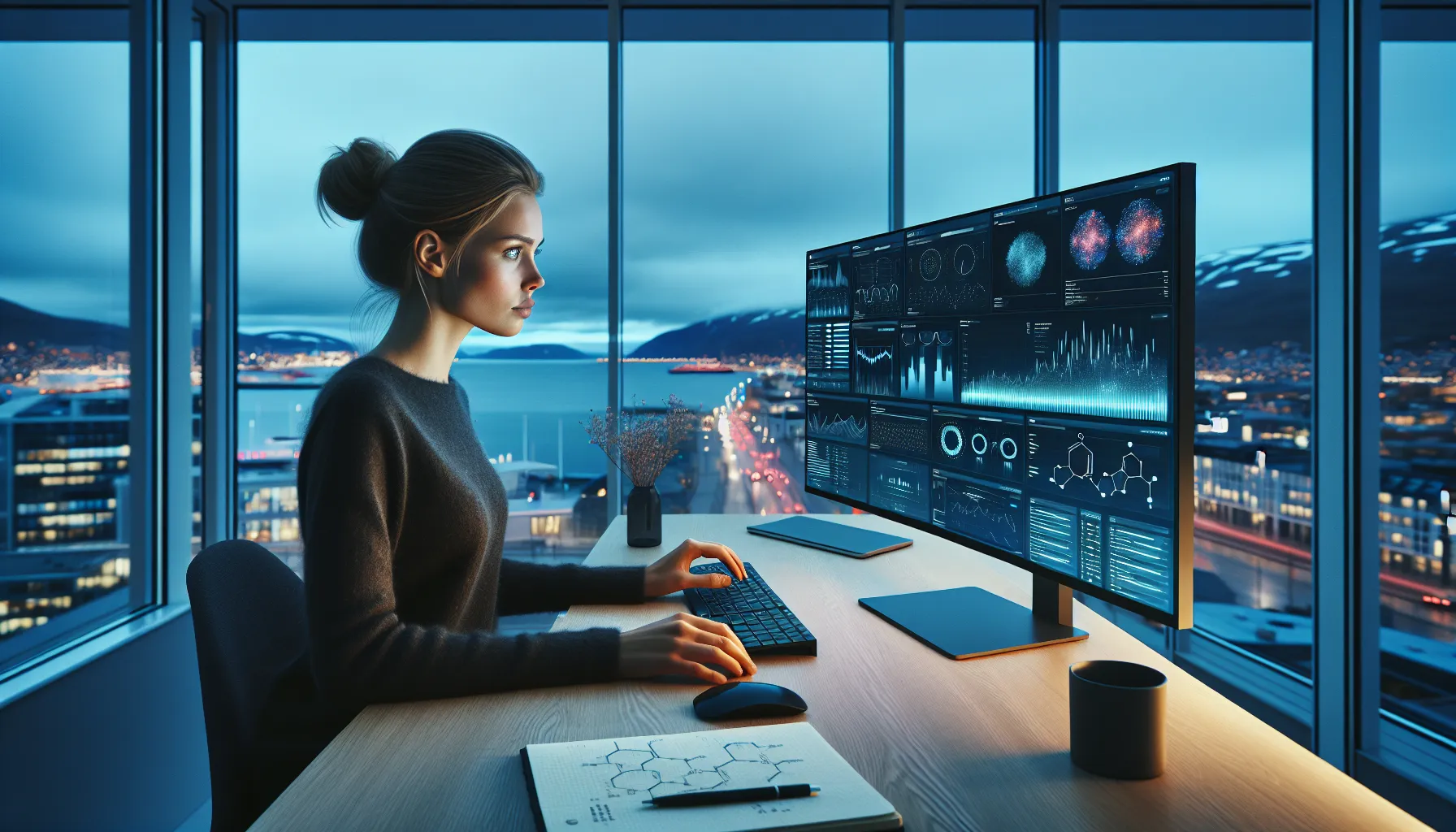 Norwegian data scientist builds ai models on multiple screens in a modern office.