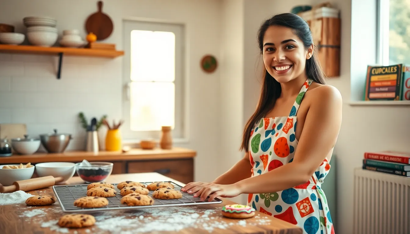 a young woman baking cookies in a bright, cozy kitchen.