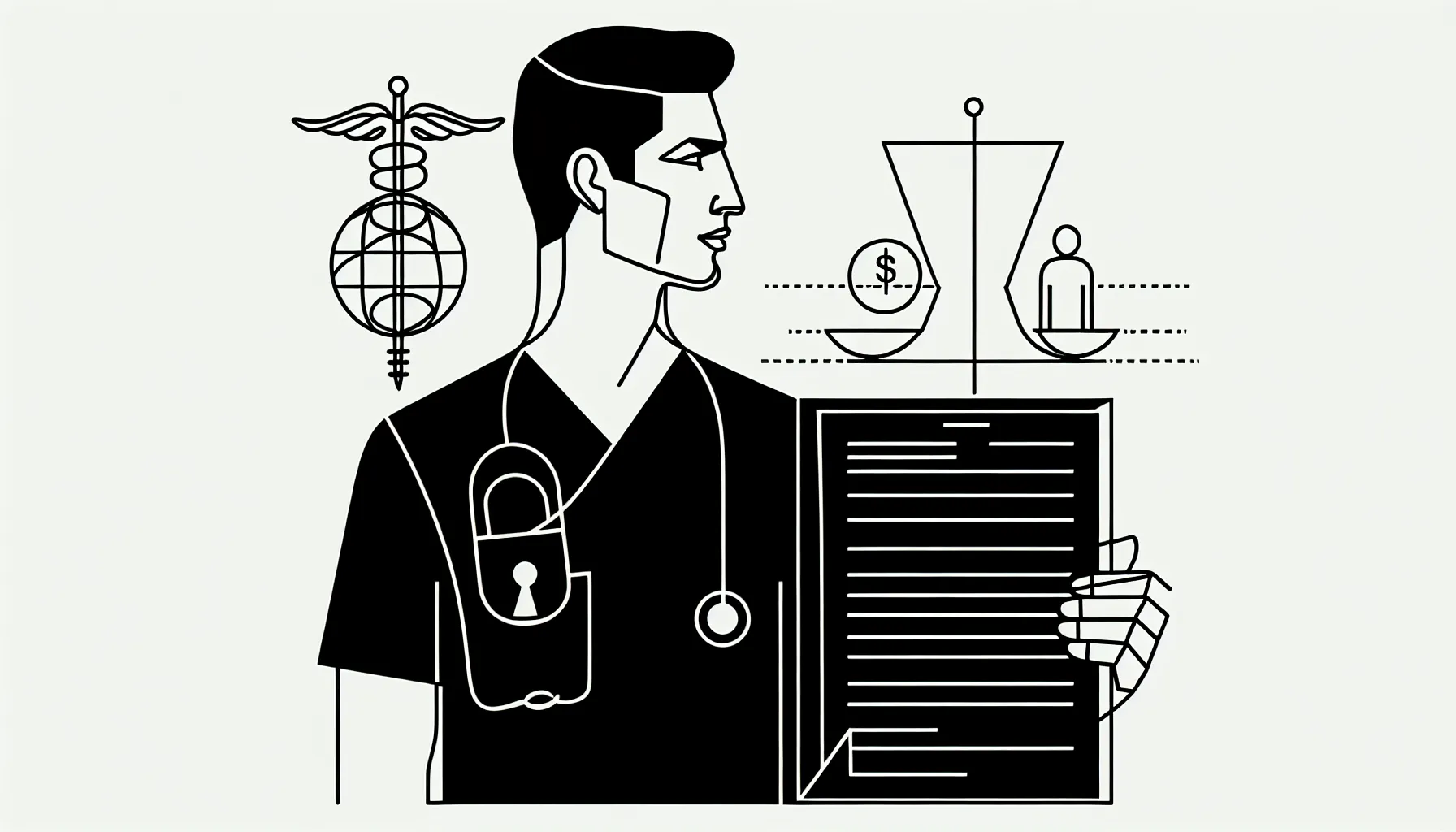 Dentist holding a contract with icons for lock, pay, patients, and insurance for Dentist Non-Compete Rules and Risks.