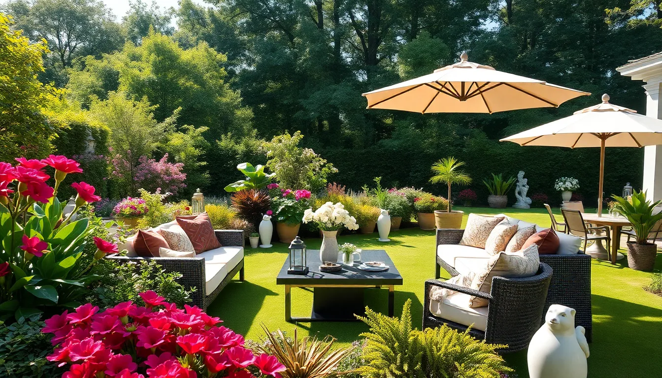 luxurious outdoor garden with stylish furniture and vibrant plants.