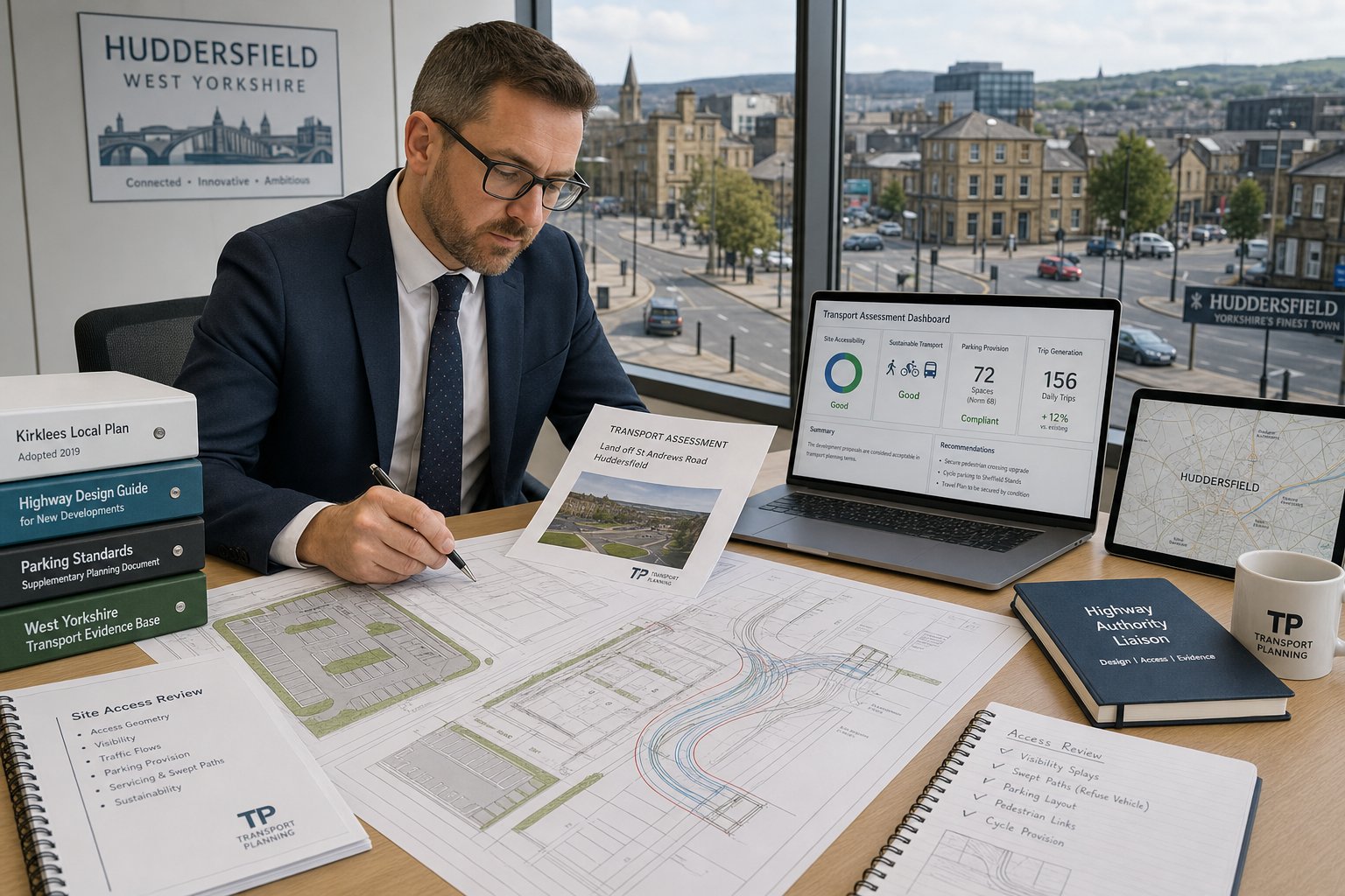 Traffic engineer reviewing local transport plans in a modern Huddersfield office.
