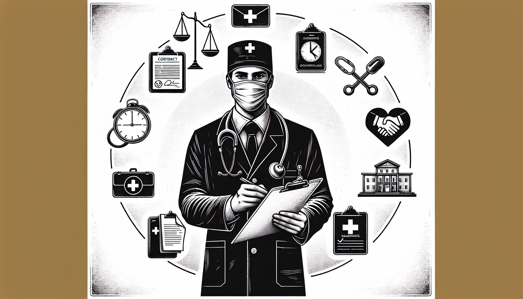 Line art of a physician balancing icons for contract, hours, conflicts, and insurance.