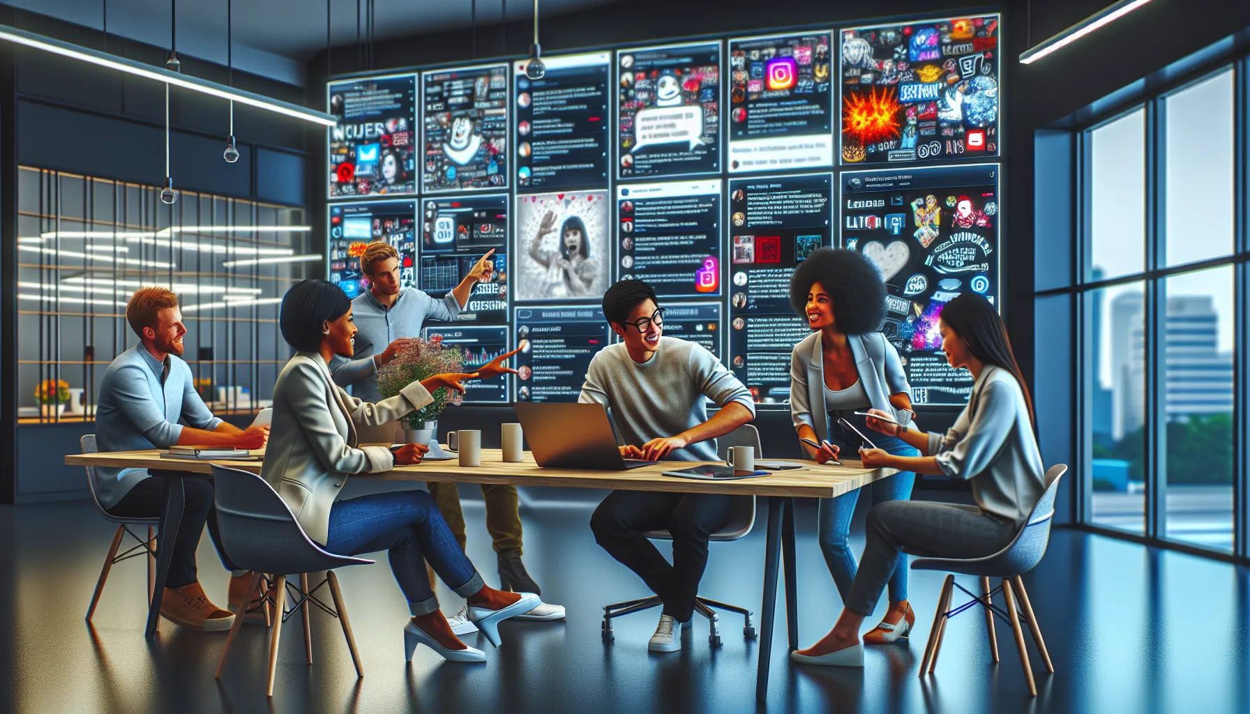 diverse team discussing social media trends in a modern office.