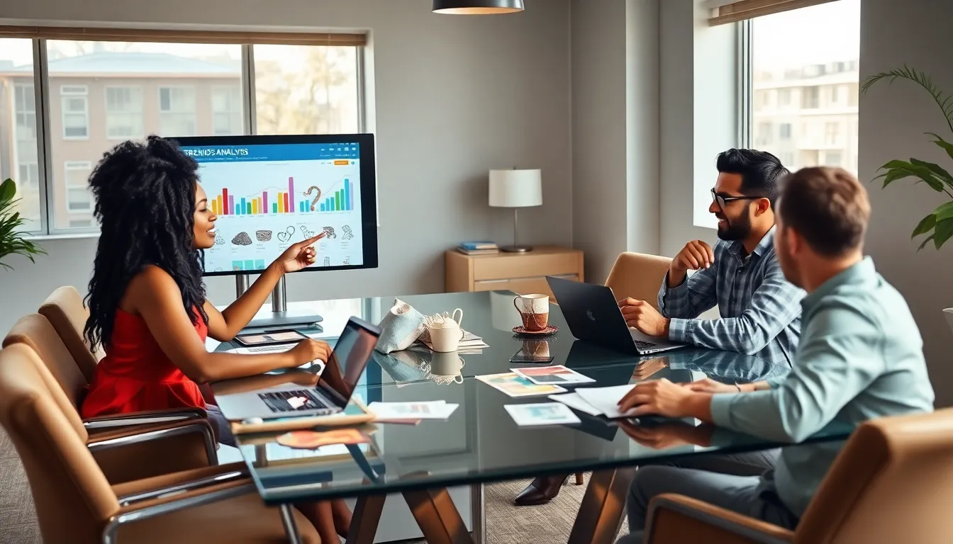 diverse team analyzing Etsy trends in a modern office.