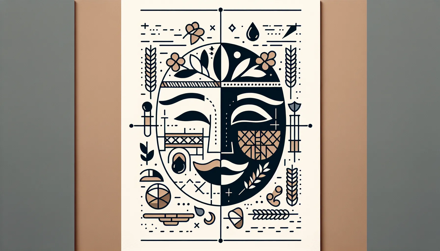 Split theatrical mask showing classical drama and village folk elements