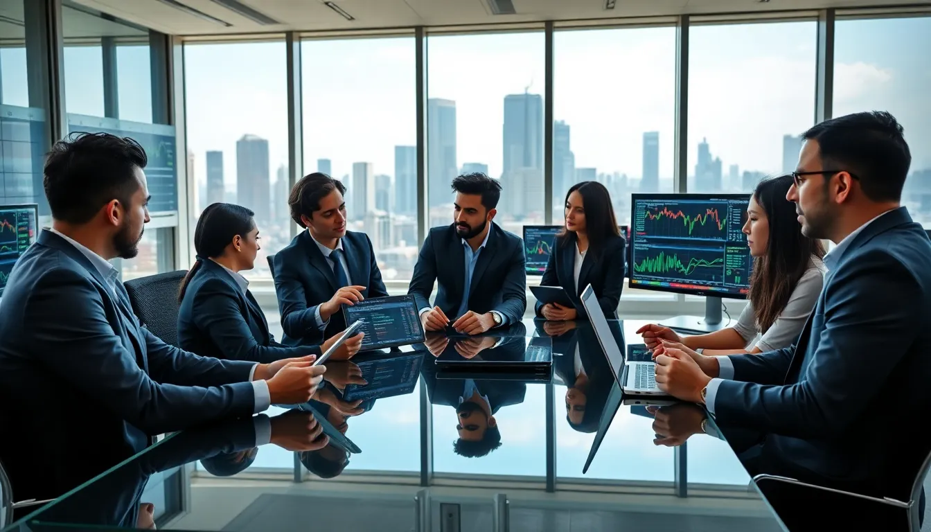 diverse team analyzing trading data in a modern office.