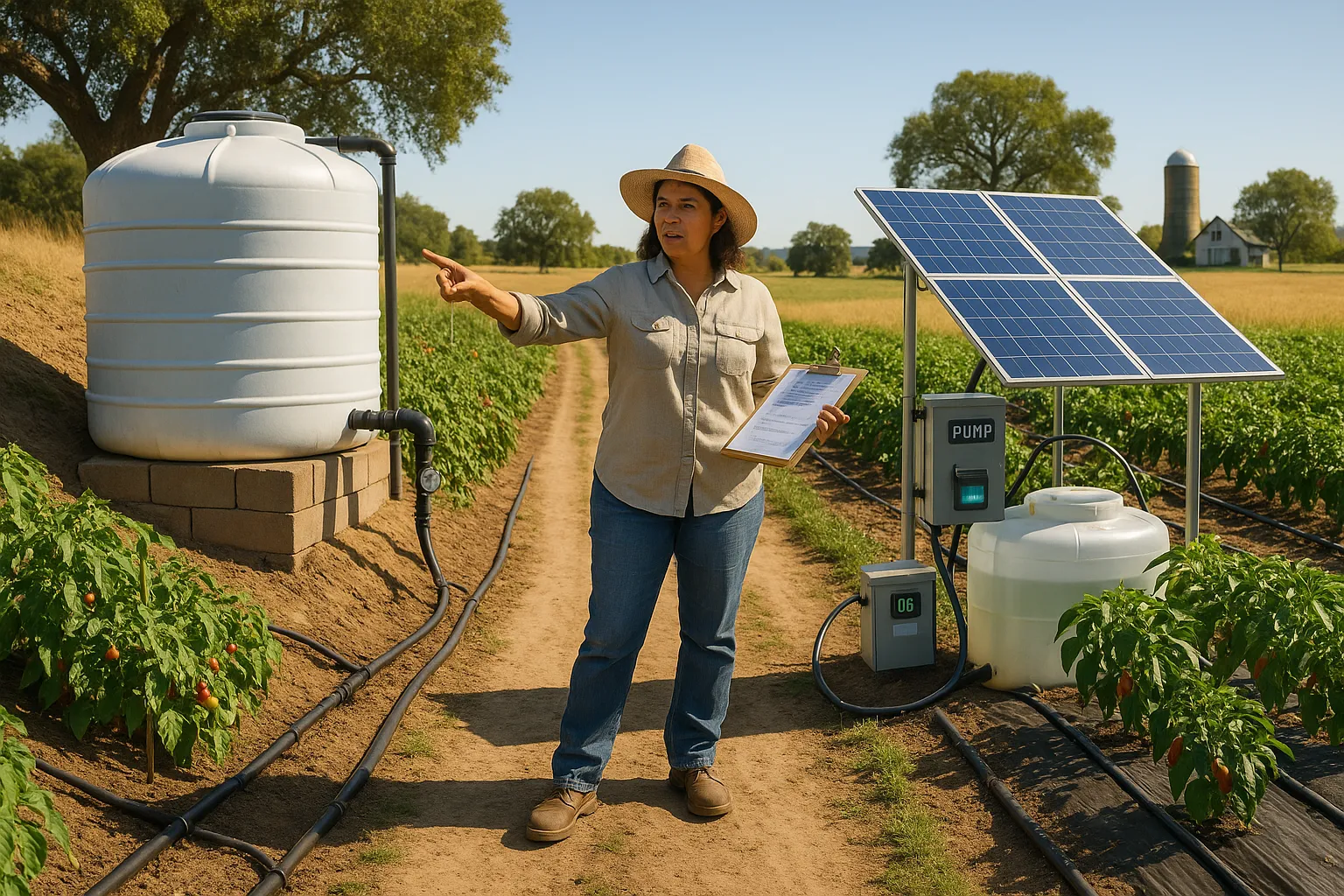 Farmer comparing solar-powered pump and hillside gravity tank irrigation systems