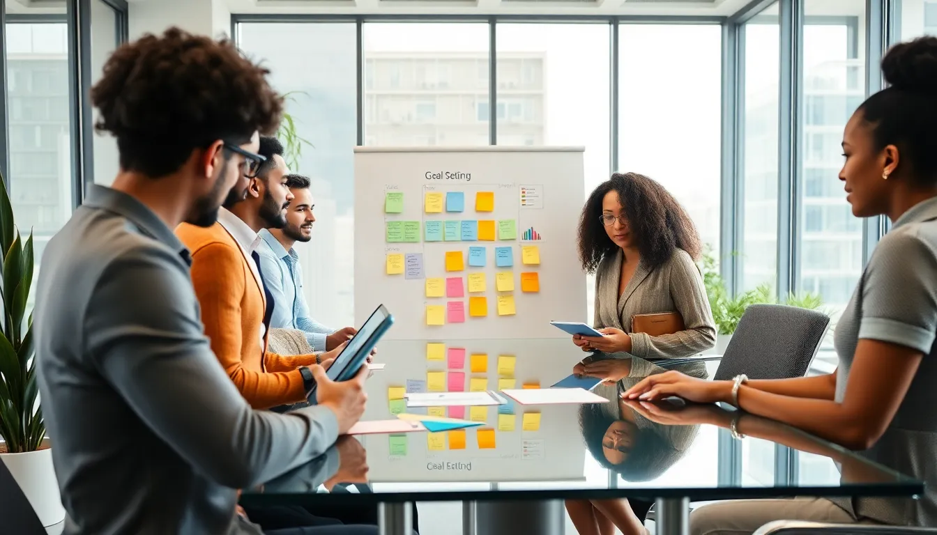 diverse team engaged in a goal setting activity in a modern office.