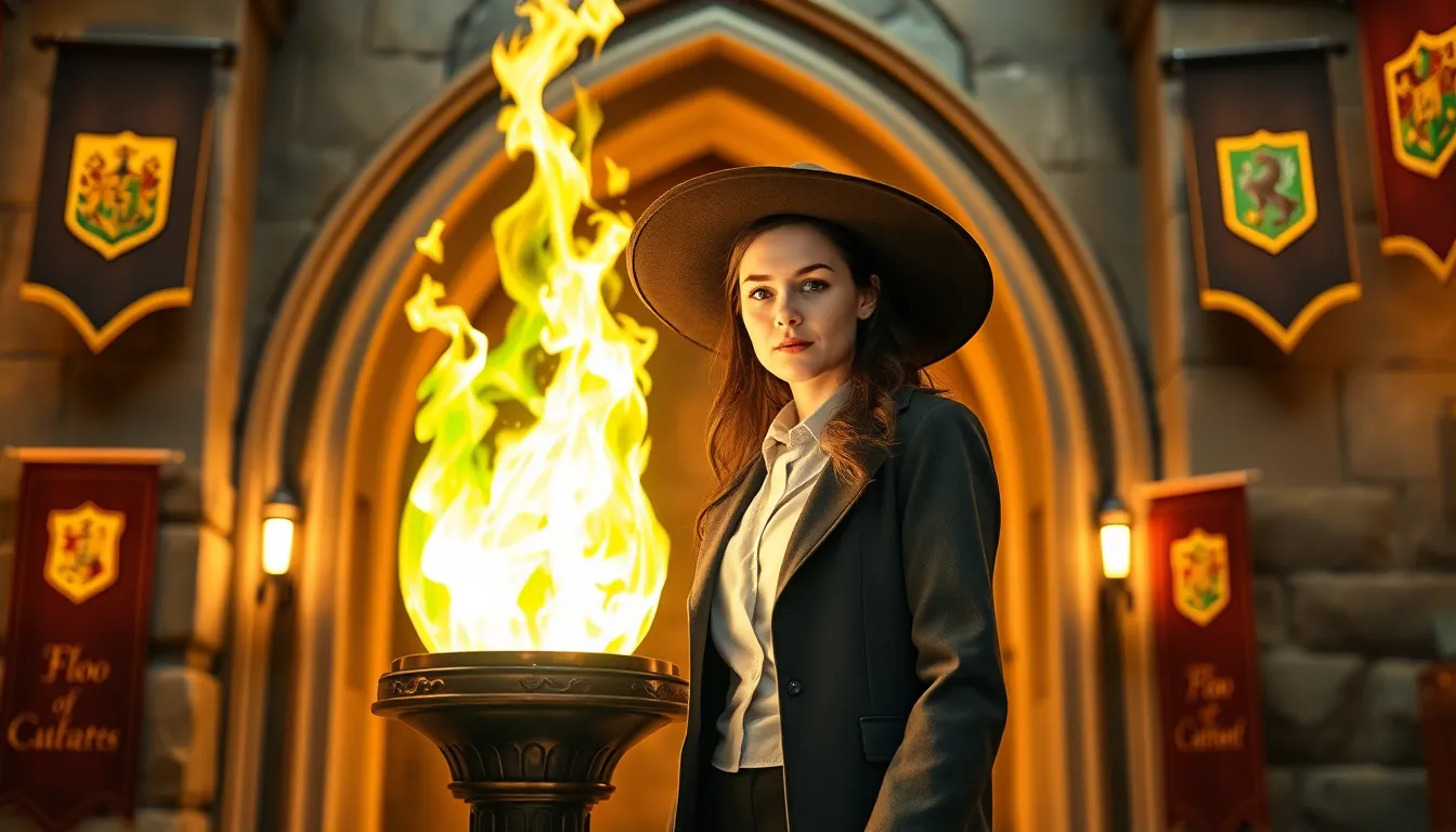 witch preparing to use Floo Powder near glowing Floo Flame.