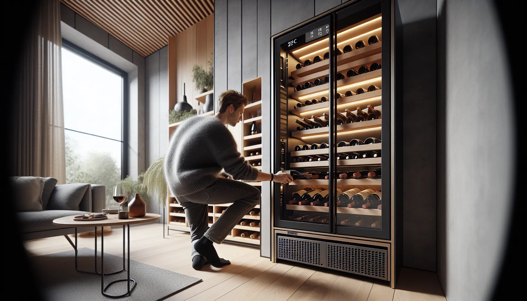 De beste lagringsløsningene for vin og drikkevarer 2 Nordic home wine cabinet with multi-zone cooling and nearby climate-controlled cellar.