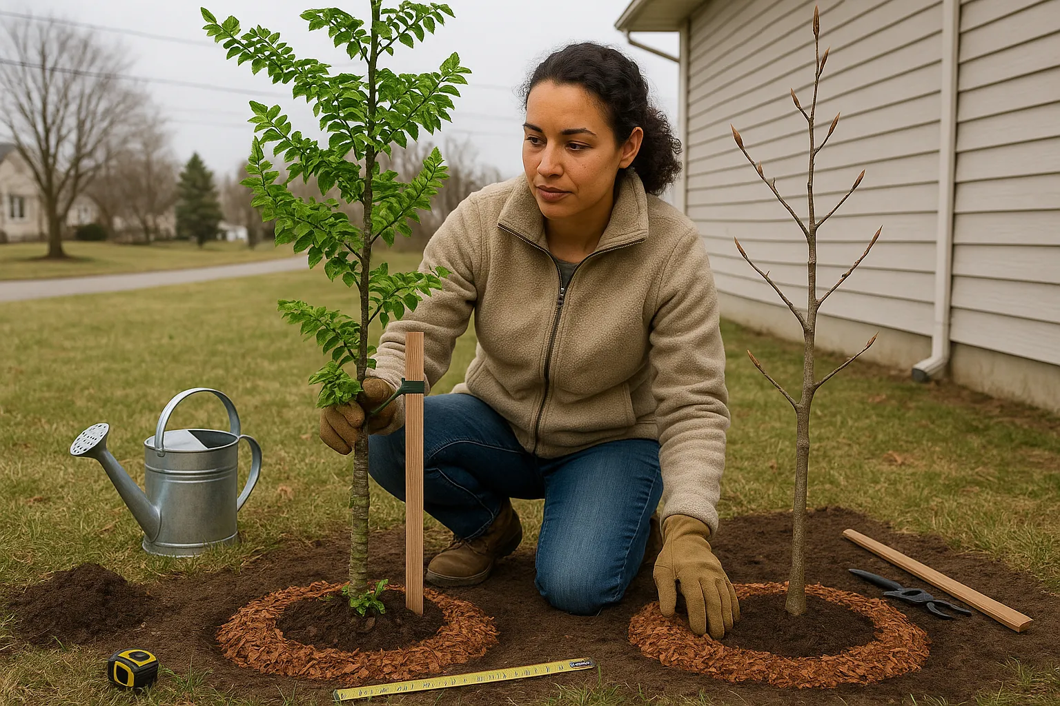 Gardener positioning hornbeam and beech saplings with mulch and stake