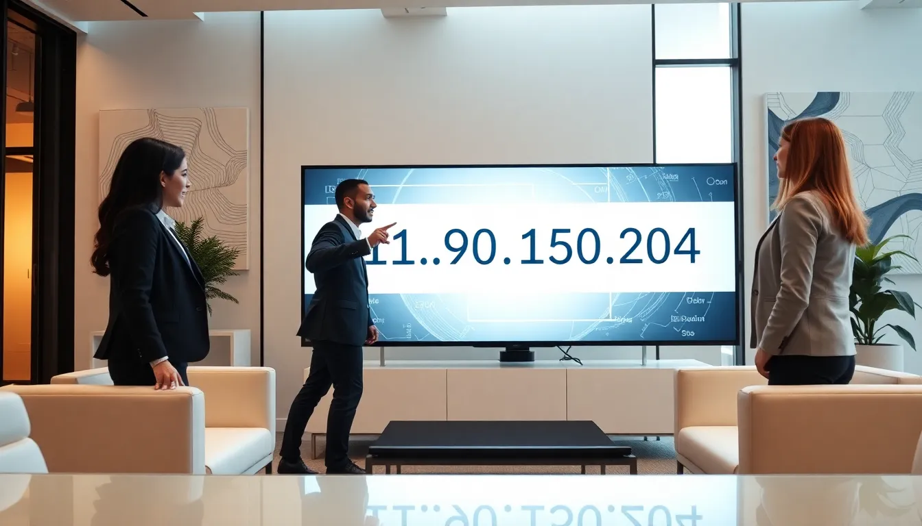 professionals discussing IP addresses in a modern office setting.