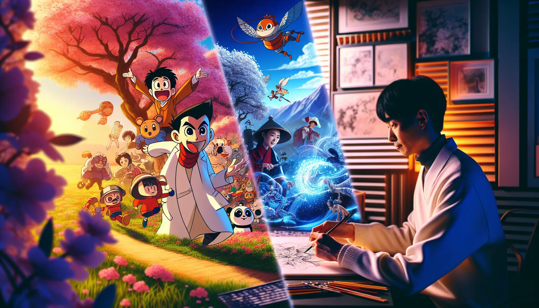 A split scene of Western cartoon and Japanese anime creation studios.