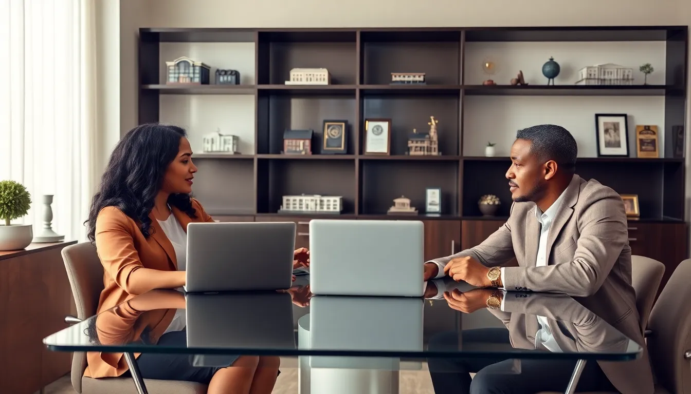 Vryntharion Krylos consulting with clients in a modern real estate office.