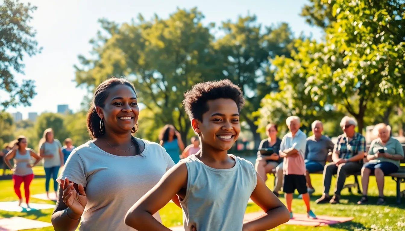 a diverse group engaged in community wellness activities in a sunny park.