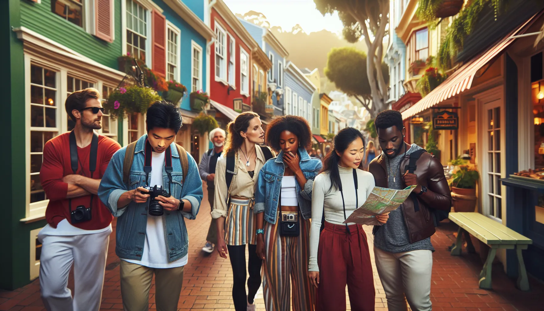 tourists exploring vibrant streets of Hausizius.