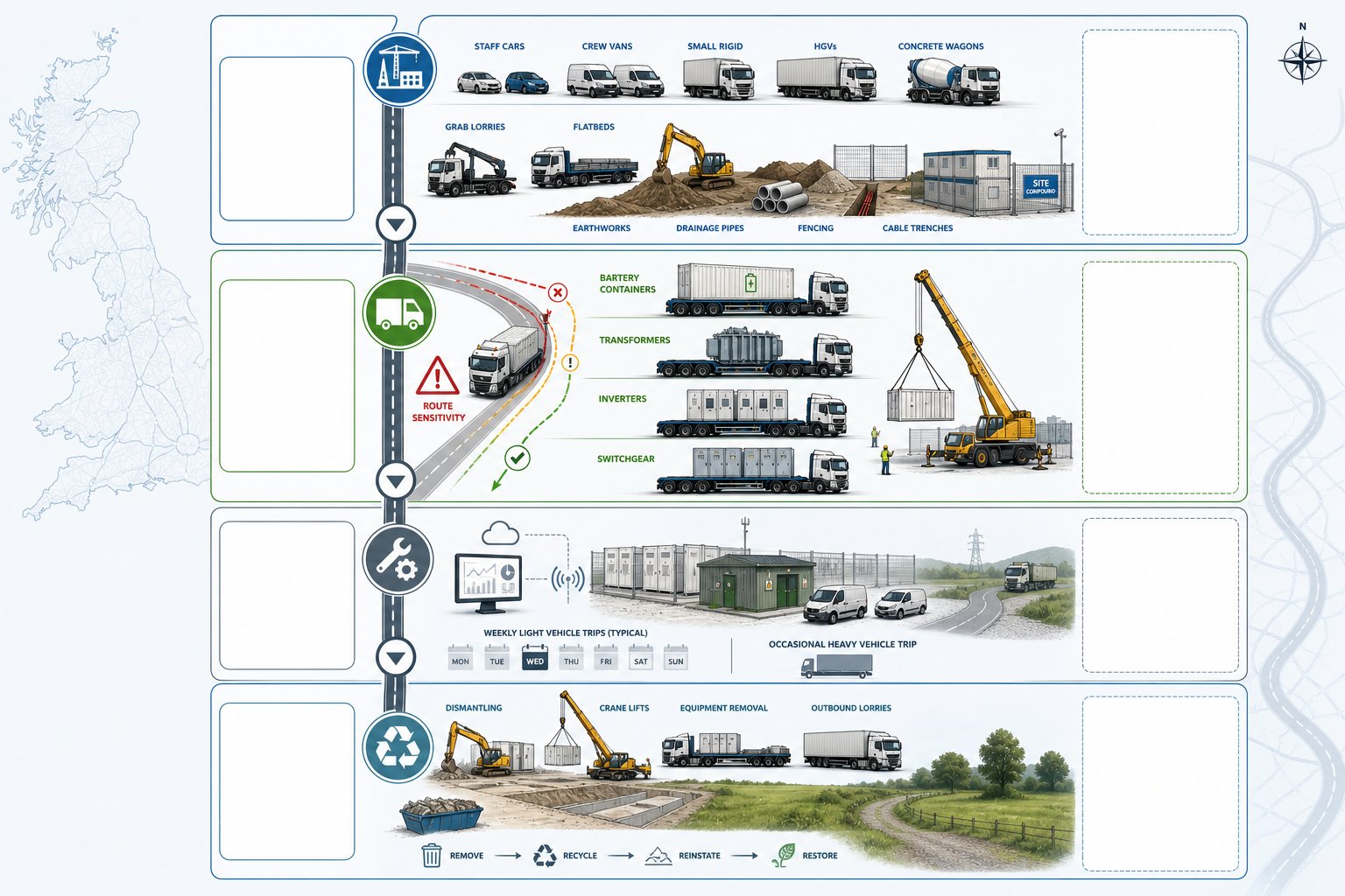 Four-phase infographic of BESS site traffic in the United Kingdom.