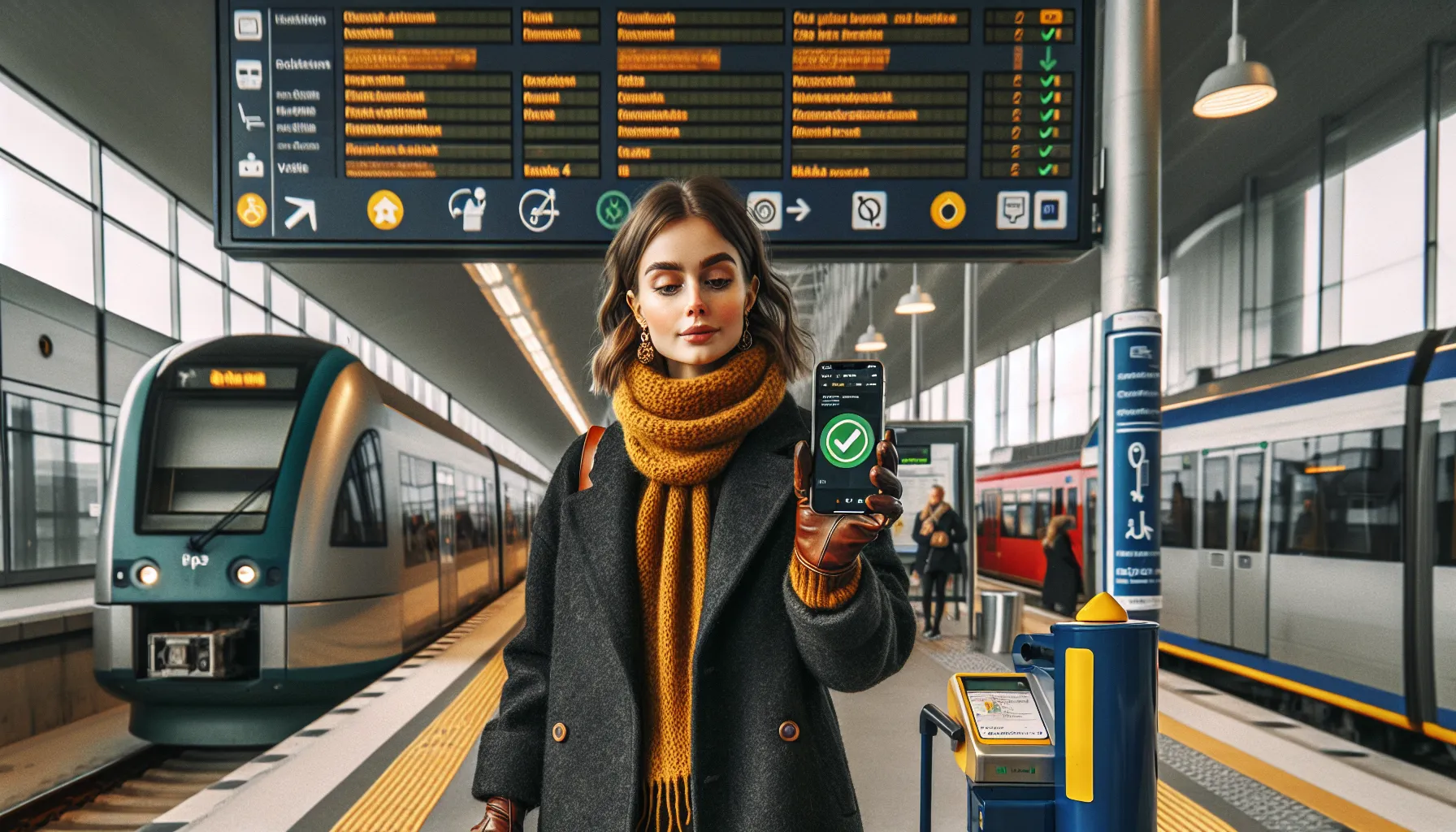 Offentlig transport og lovverk: rettigheter og plikter for passasjerer 2 Passenger validating mobile ticket at norwegian transport hub with train, bus, and tram.