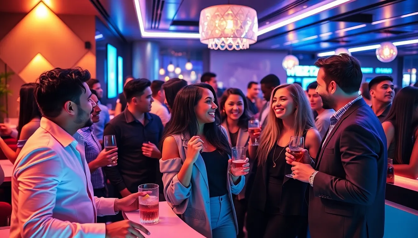 diverse group enjoying casual dating at a modern lounge.