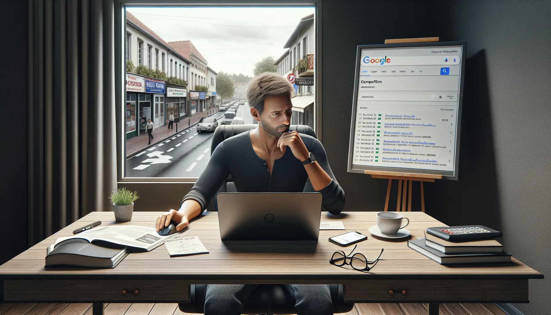 French business owner in Yerres analyzing local Google search competition on laptop.