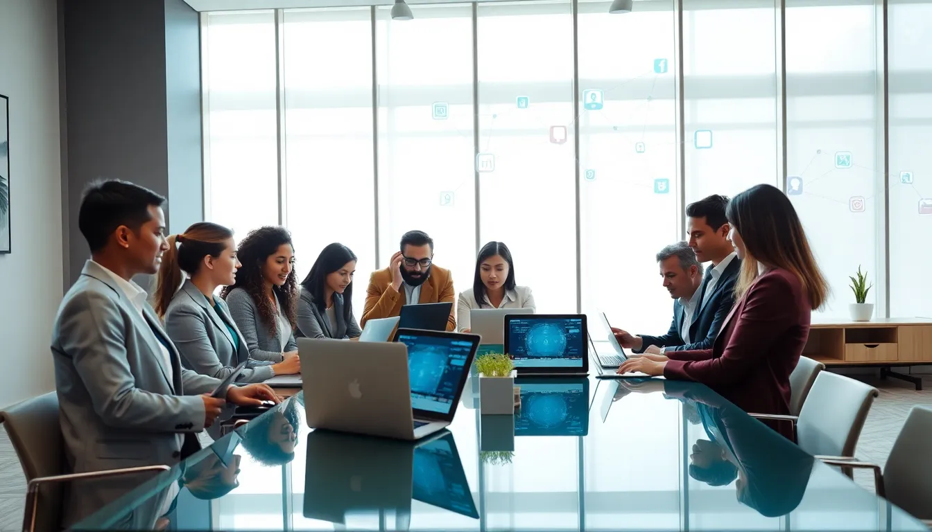 diverse team using Aliensync in a contemporary office setting.