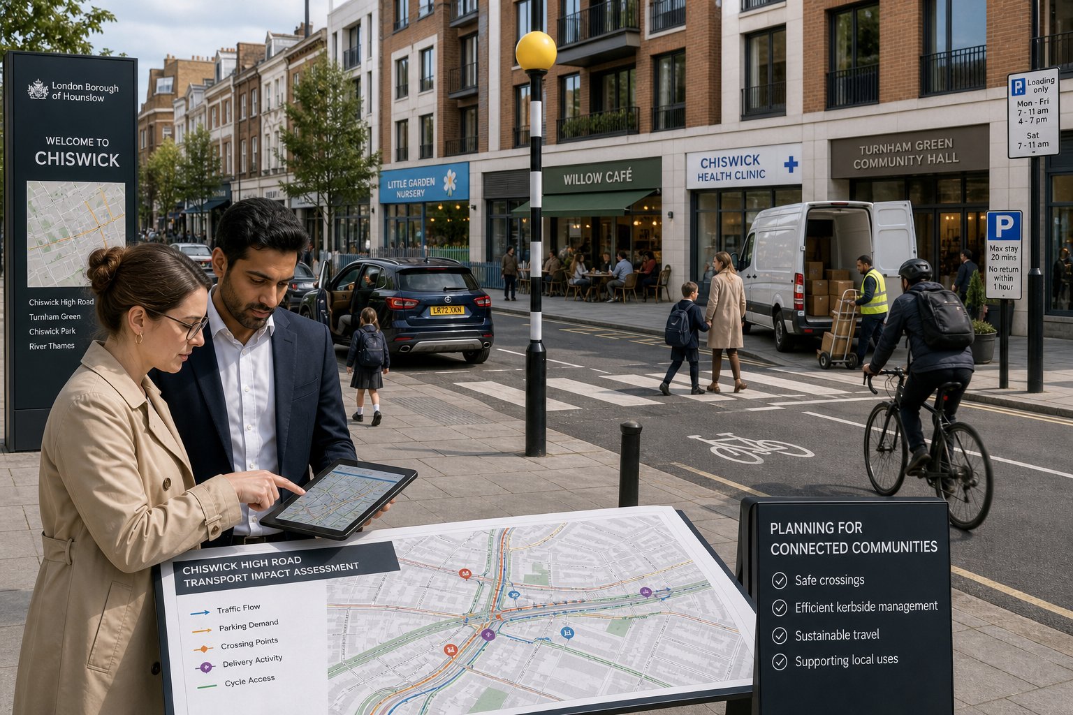 Traffic engineer reviewing mixed-use street activity in Chiswick.