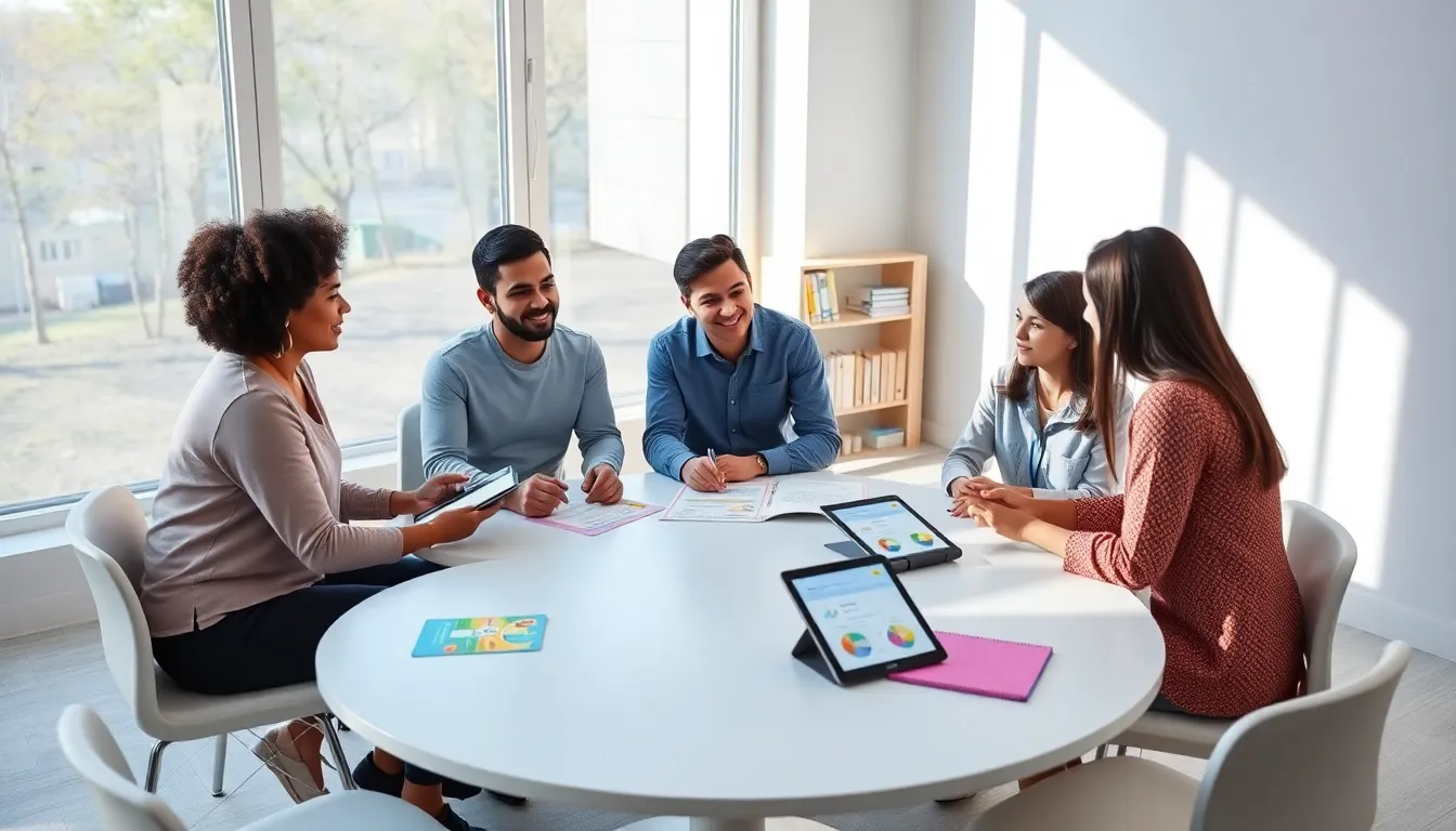 diverse educators discussing child development in a modern classroom.