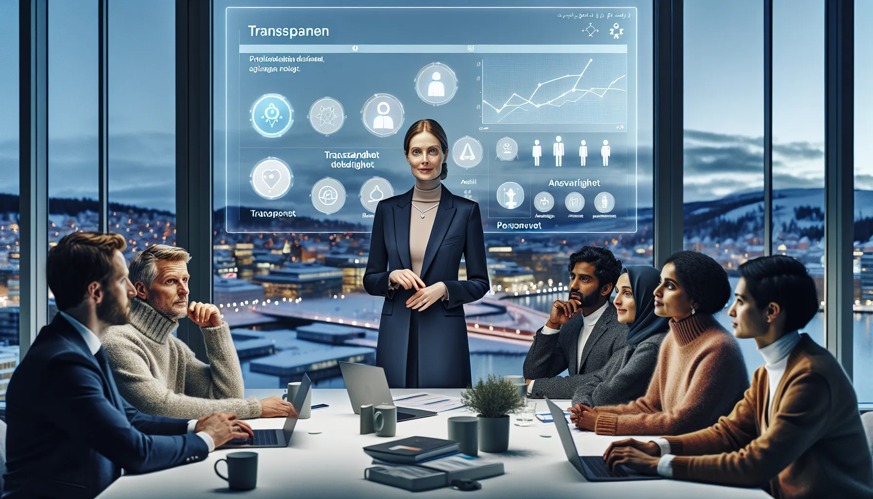 Norwegian office team reviews ai ethics dashboard showing transparency, fairness, accountability and privacy.