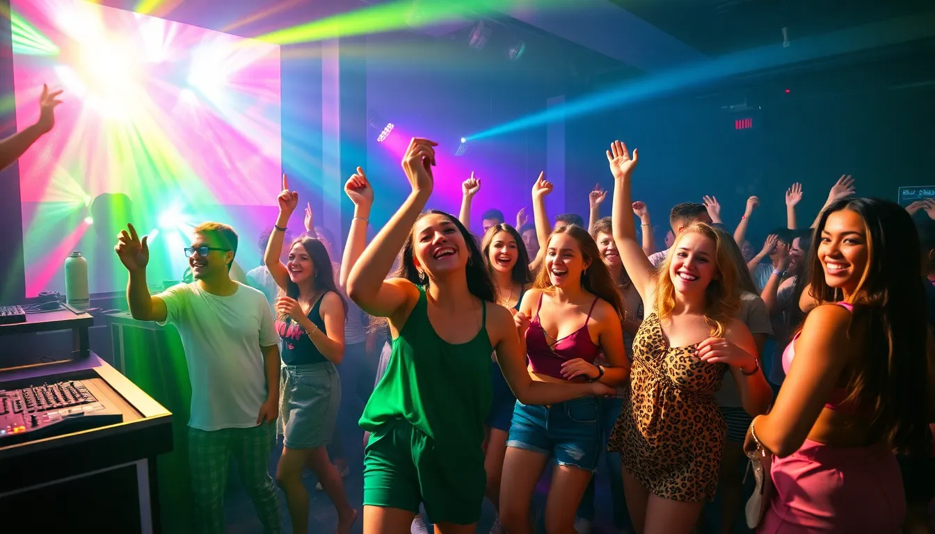 diverse group dancing on a vibrant dance floor in a modern club.