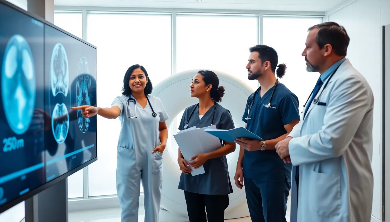 radiologist team discussing an MRI scan in a modern hospital.