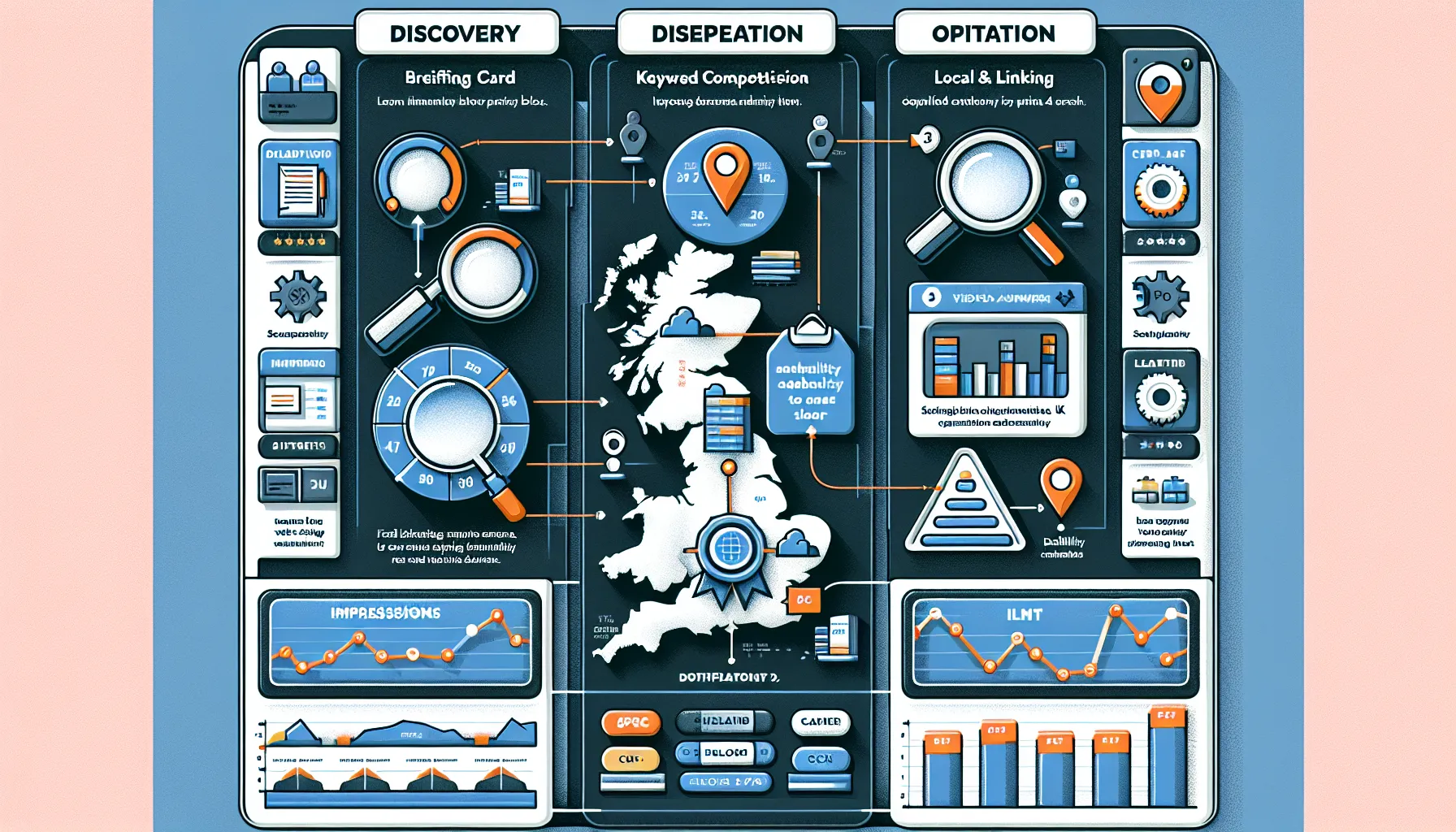UK flowchart selecting low-competition keywords, optimizing for SERP features and clusters.