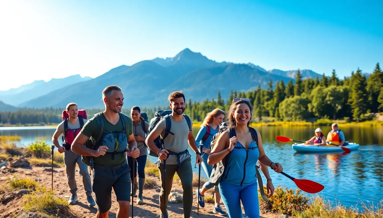 diverse group of adventurers hiking and kayaking in a scenic outdoor setting.