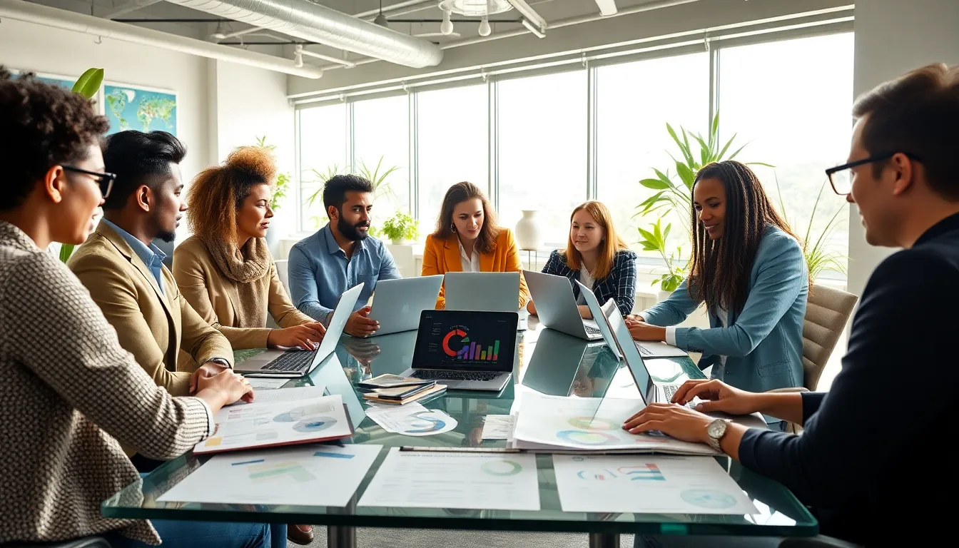 diverse professionals collaborating on sustainability initiatives in a modern office.