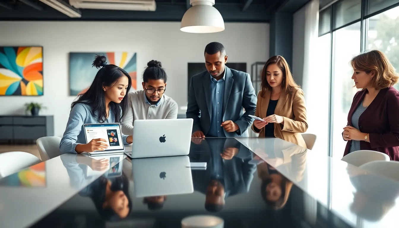 diverse professionals collaborating on low code development in a modern office.