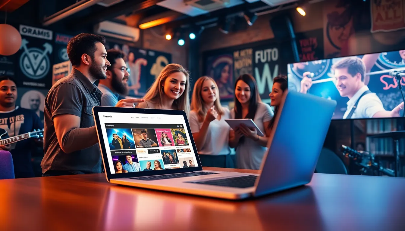 a group of young adults planning concerts using a laptop.