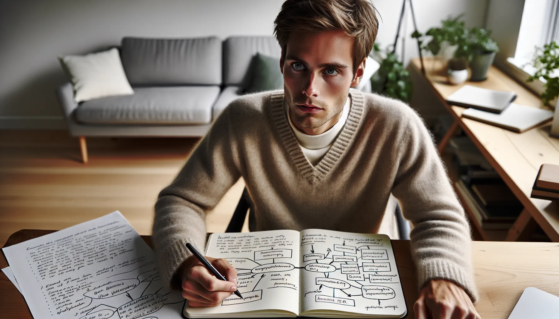 Norwegian professional using cornell notes with outline and mind map on desk.