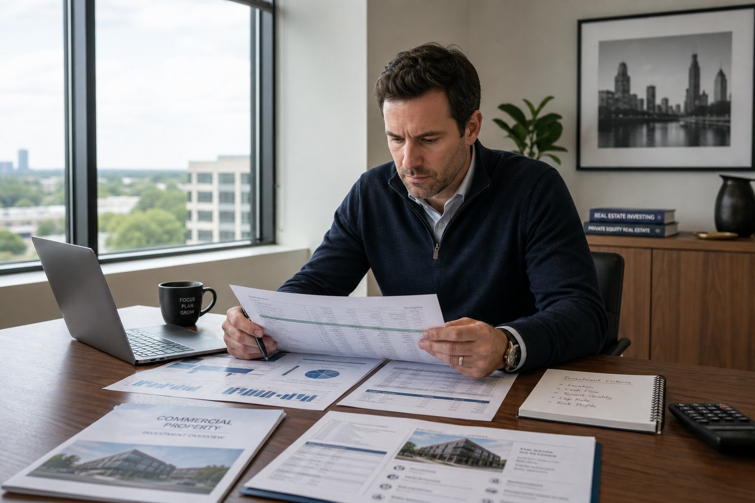 Business owner reviewing commercial mortgage paperwork in a naturally lit meeting room.