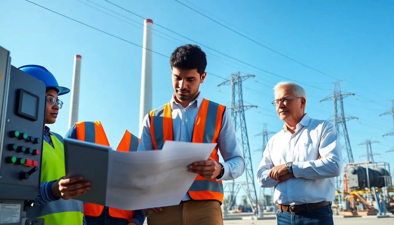 engineers collaborating at a modern power station in the United States.