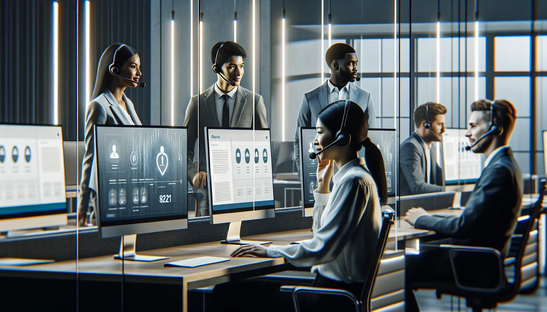 diverse customer support team in a modern office setting.