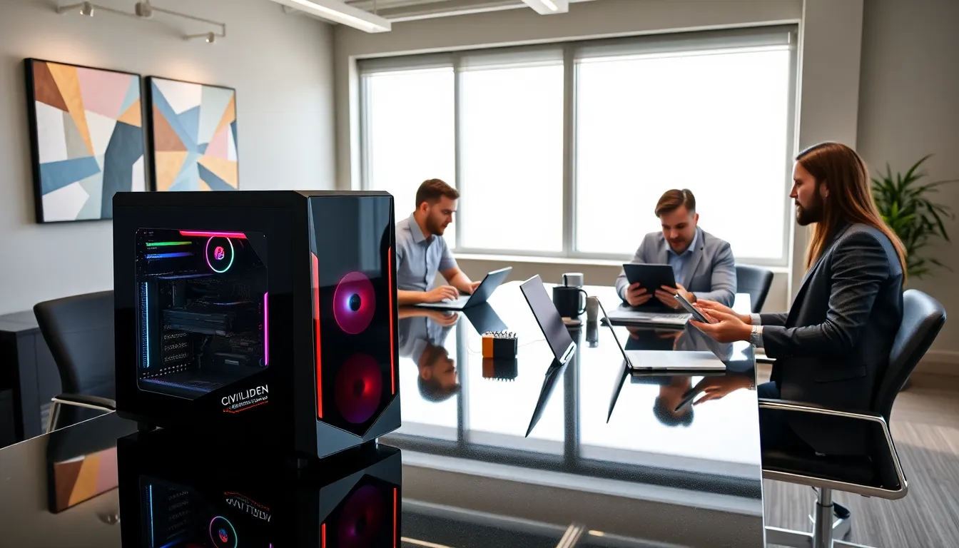 diverse professionals collaborating in a modern office with a Civiliden LL5540 PC.